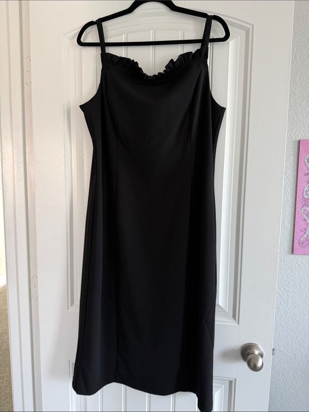 White House Black Market Black Midi Slip Dress with Ruffle Neckline